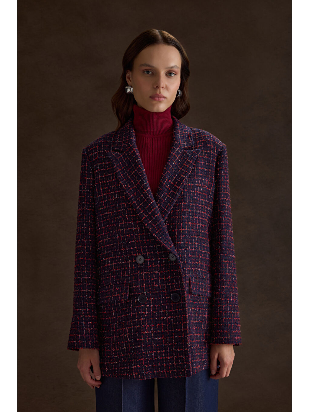 Lacivert Ekose Tweed Kumaş Kruvaze Ceket-2