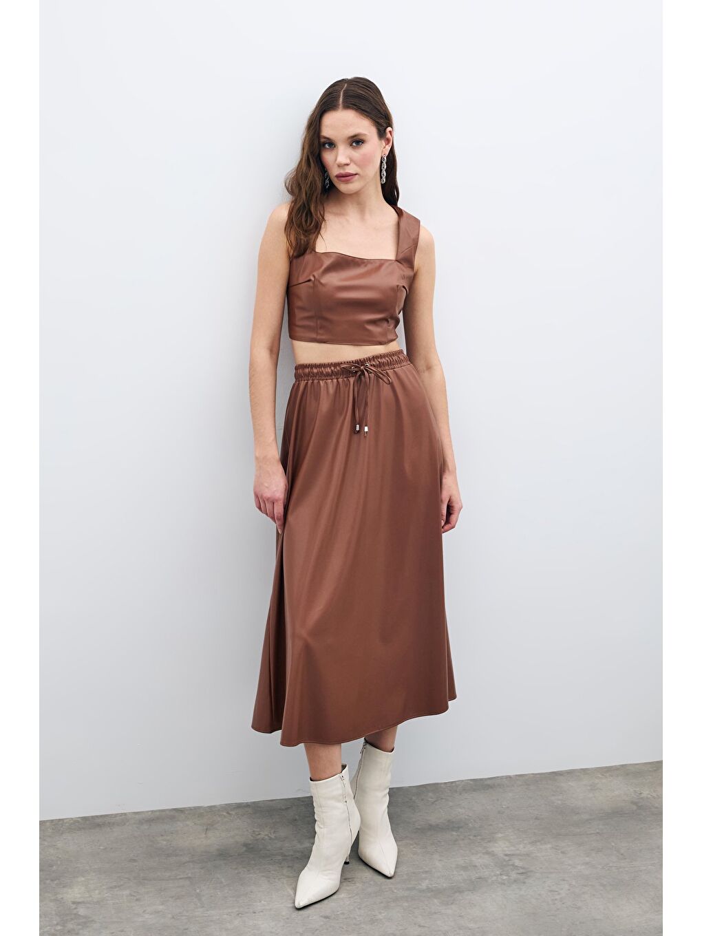 Kahverengi Bel Lastikli Deri Etek - Kahve-4
