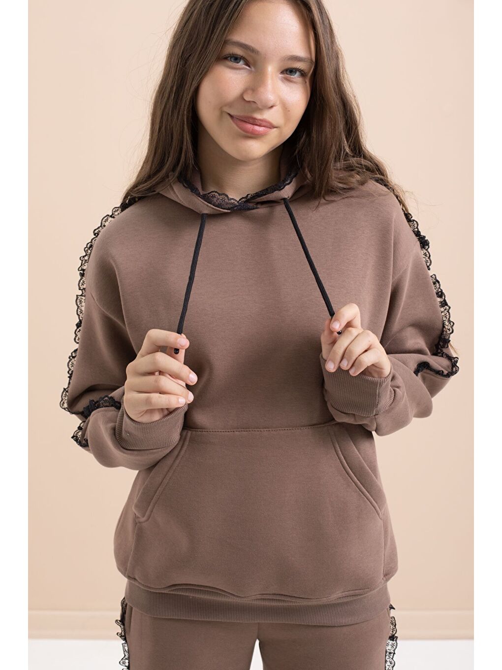 Kahverengi Kız Çocuk Şardonlu Dantel Detaylı 3 İplik Takım 21505-2