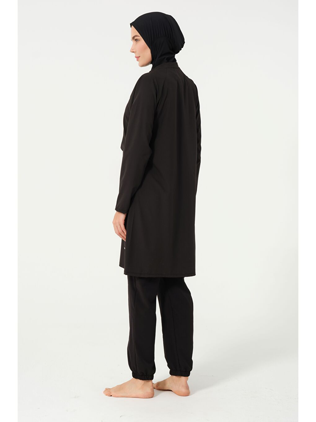 Siyah Kadın Fermuarlı Kapalı Dik Yaka Lastikli Paça Hızlı Kuruyan Tesettür Mayo-4