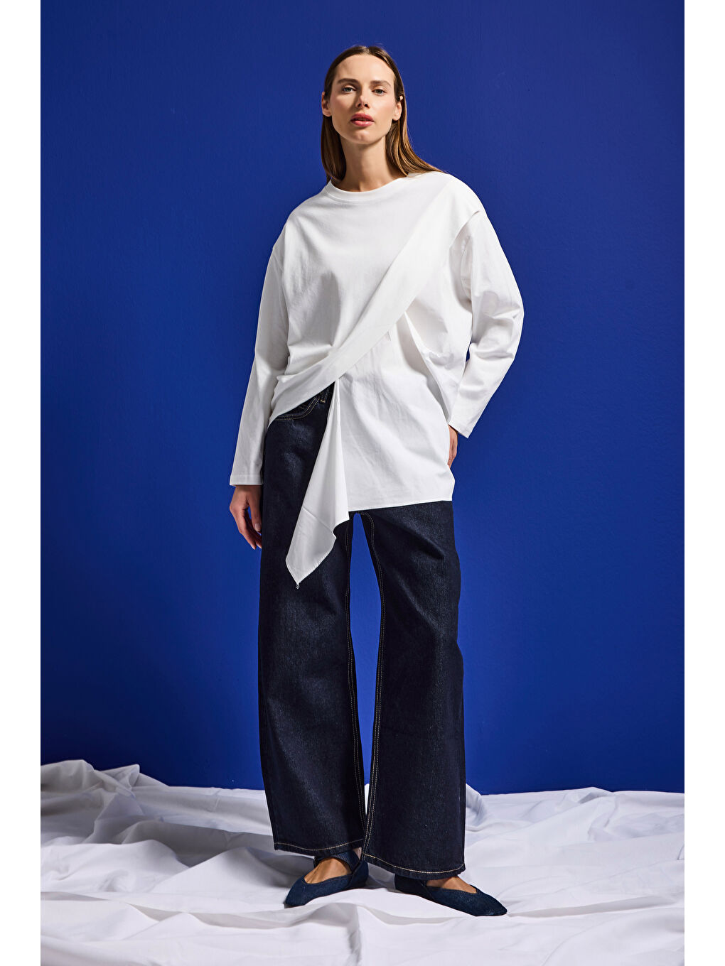 Kadın Beyaz w5 Oversize Çift Parça Tasarım Gömlek Sweatshirt-3