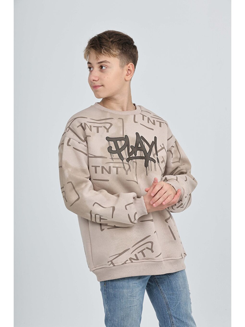 Bej Erkek Çocuk Play Baskılı Sweatshirt-3