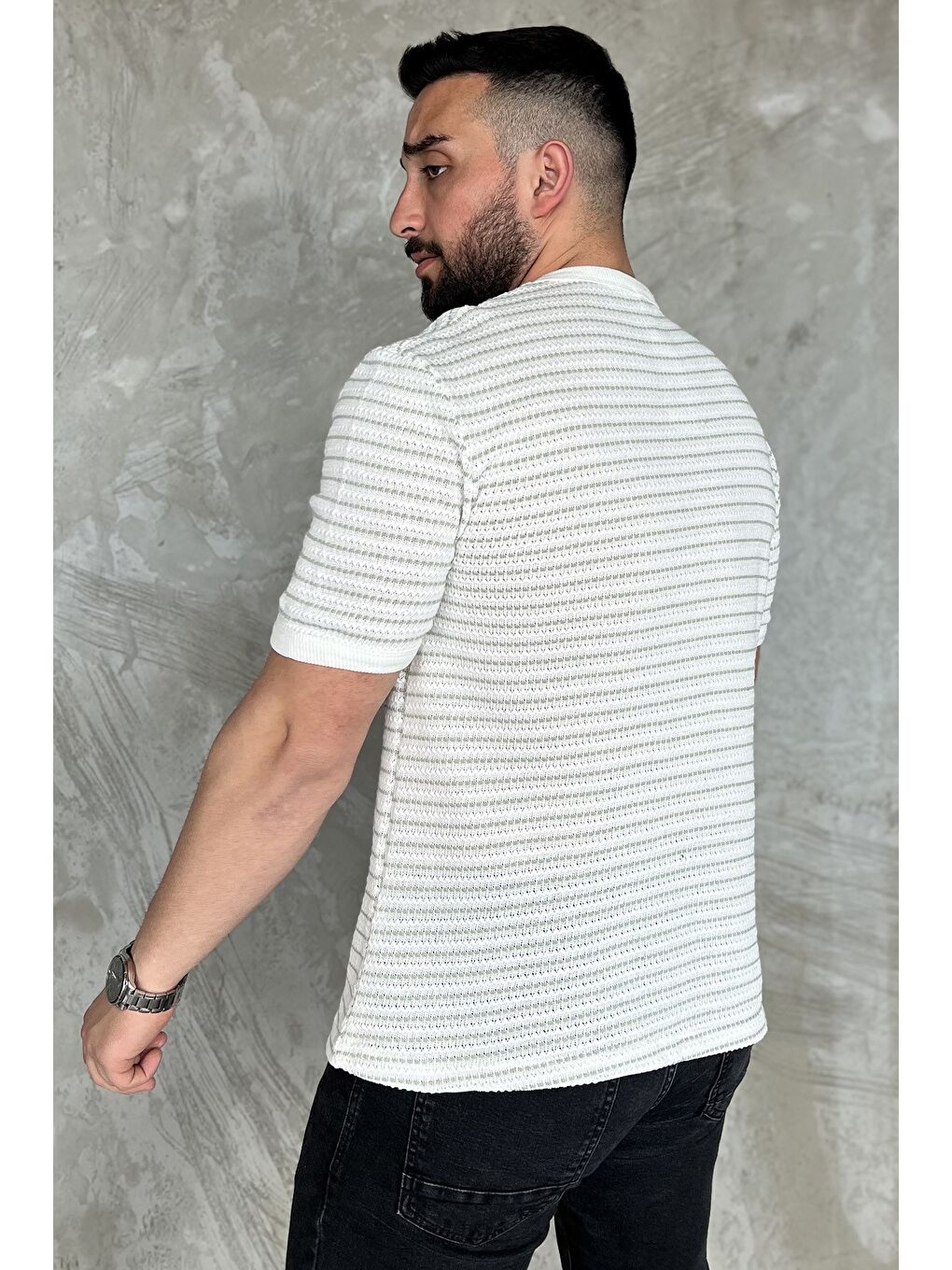 Ekru Çizgili Bisiklet Yaka Erkek Tişört-2