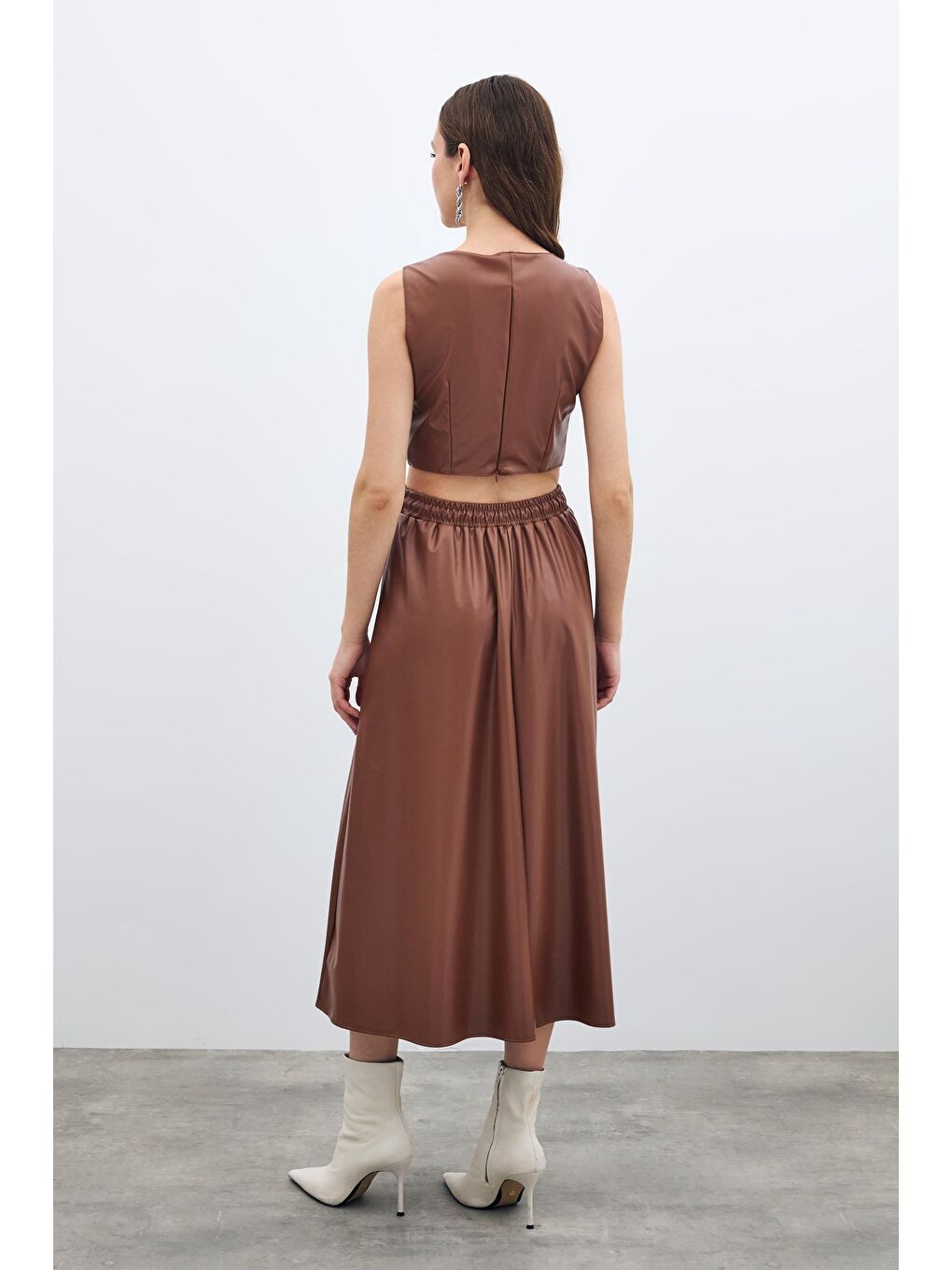 Kahverengi Bel Lastikli Deri Etek - Kahve-7