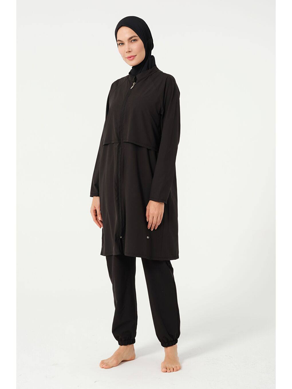 Siyah Kadın Fermuarlı Kapalı Dik Yaka Lastikli Paça Hızlı Kuruyan Tesettür Mayo-5