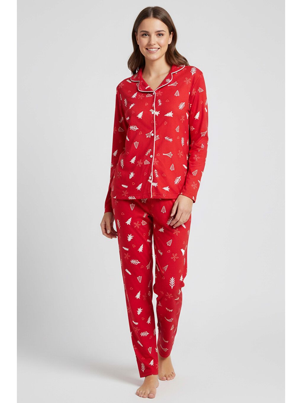 Kırmızı Ara Biyeli Baskılı Süet Pijama Takımı Kirmizi - 28086-KIRMIZI