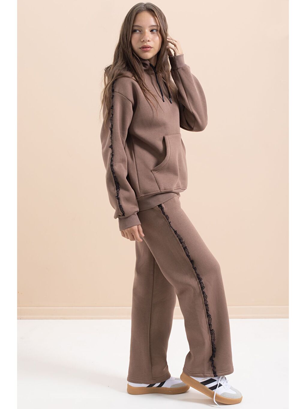 Kahverengi Kız Çocuk Şardonlu Dantel Detaylı 3 İplik Takım 21505-3