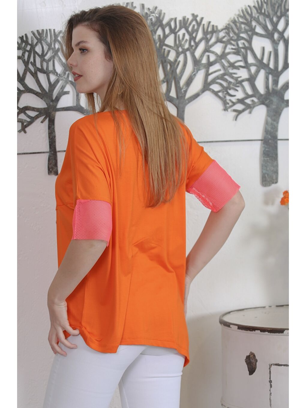 Turuncu V Yaka Kısa Kol Cepli Meşli Casual Örme Bluz-5