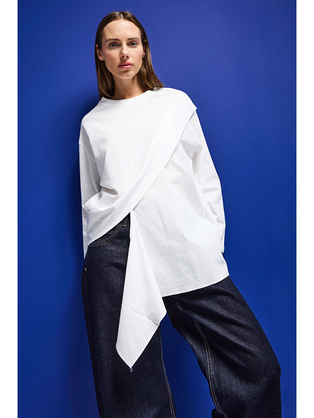 Kadın Beyaz w5 Oversize Çift Parça Tasarım Gömlek Sweatshirt-4