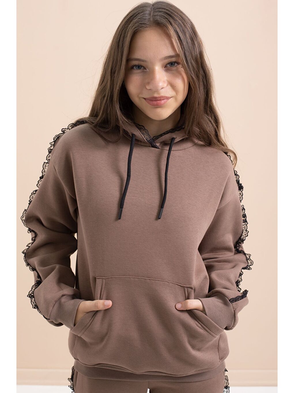 Kahverengi Kız Çocuk Şardonlu Dantel Detaylı 3 İplik Takım 21505-4