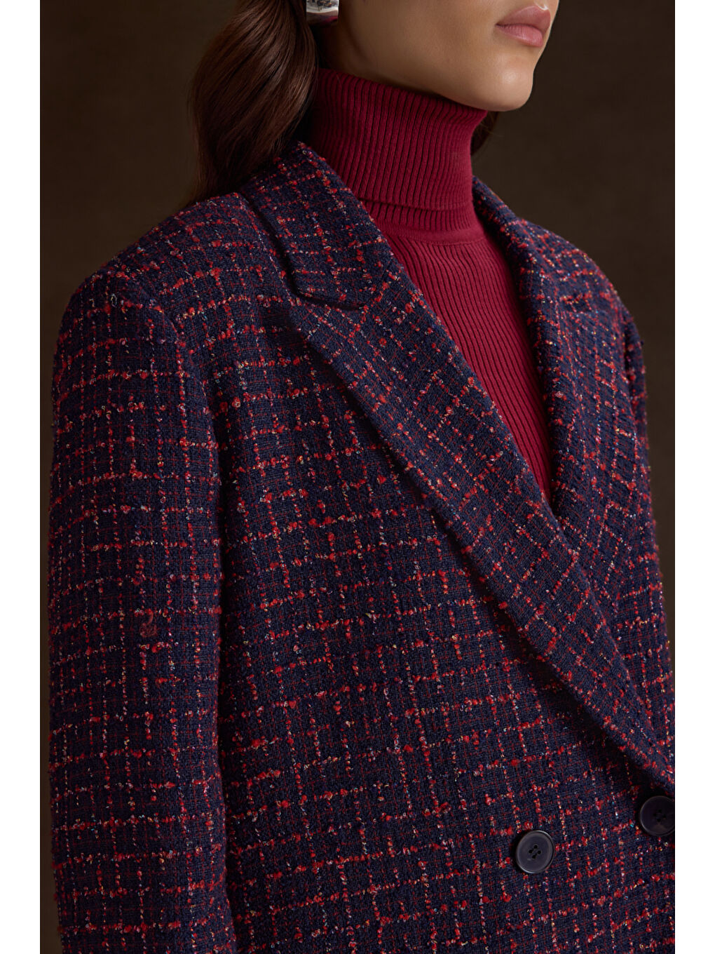 Lacivert Ekose Tweed Kumaş Kruvaze Ceket-4