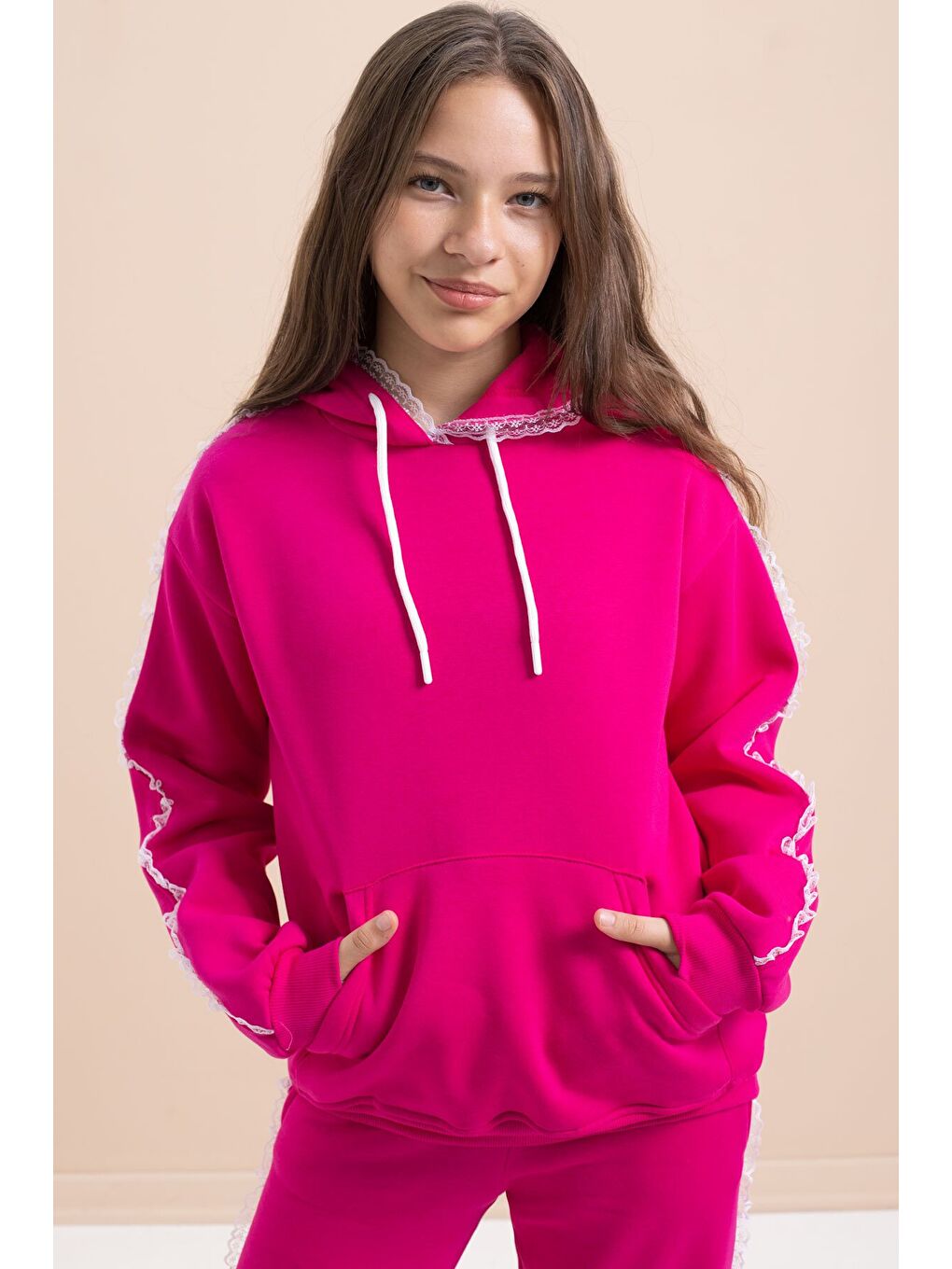 Fuşya Kız Çocuk Şardonlu Dantel Detaylı 3 İplik Takım 21507-1