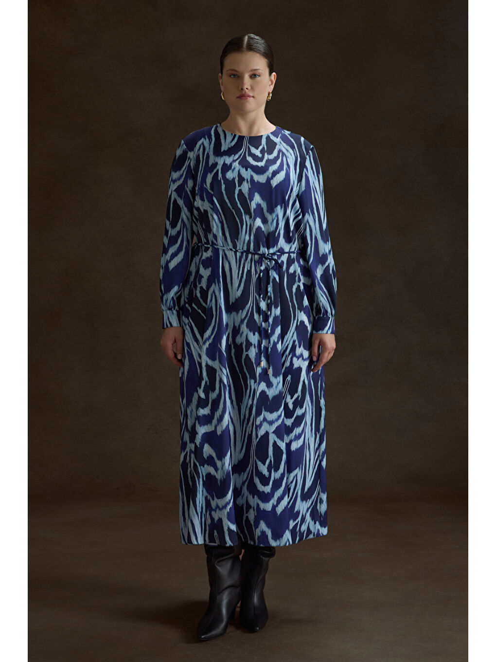 Lacivert Desenli Elbise-1