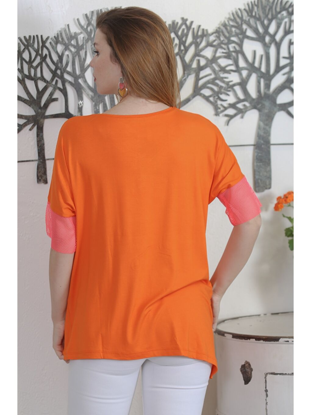 Turuncu V Yaka Kısa Kol Cepli Meşli Casual Örme Bluz-6
