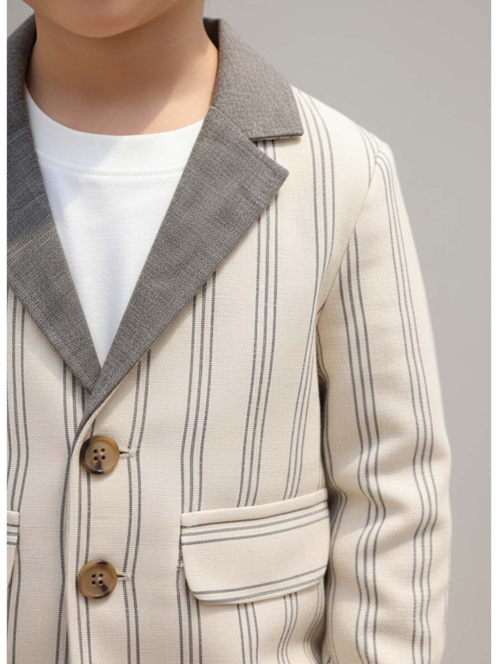 Karışık Erkek Çocuk Ekru Çizgili Blazer Ceket Gri Pantolon Ve T Shirt Takım-2