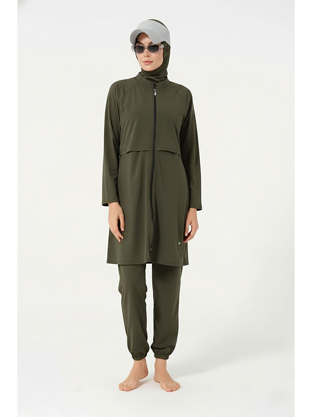 Haki Kadın Fermuarlı Kapalı Dik Yaka Lastikli Paça Hızlı Kuruyan Tesettür Mayo