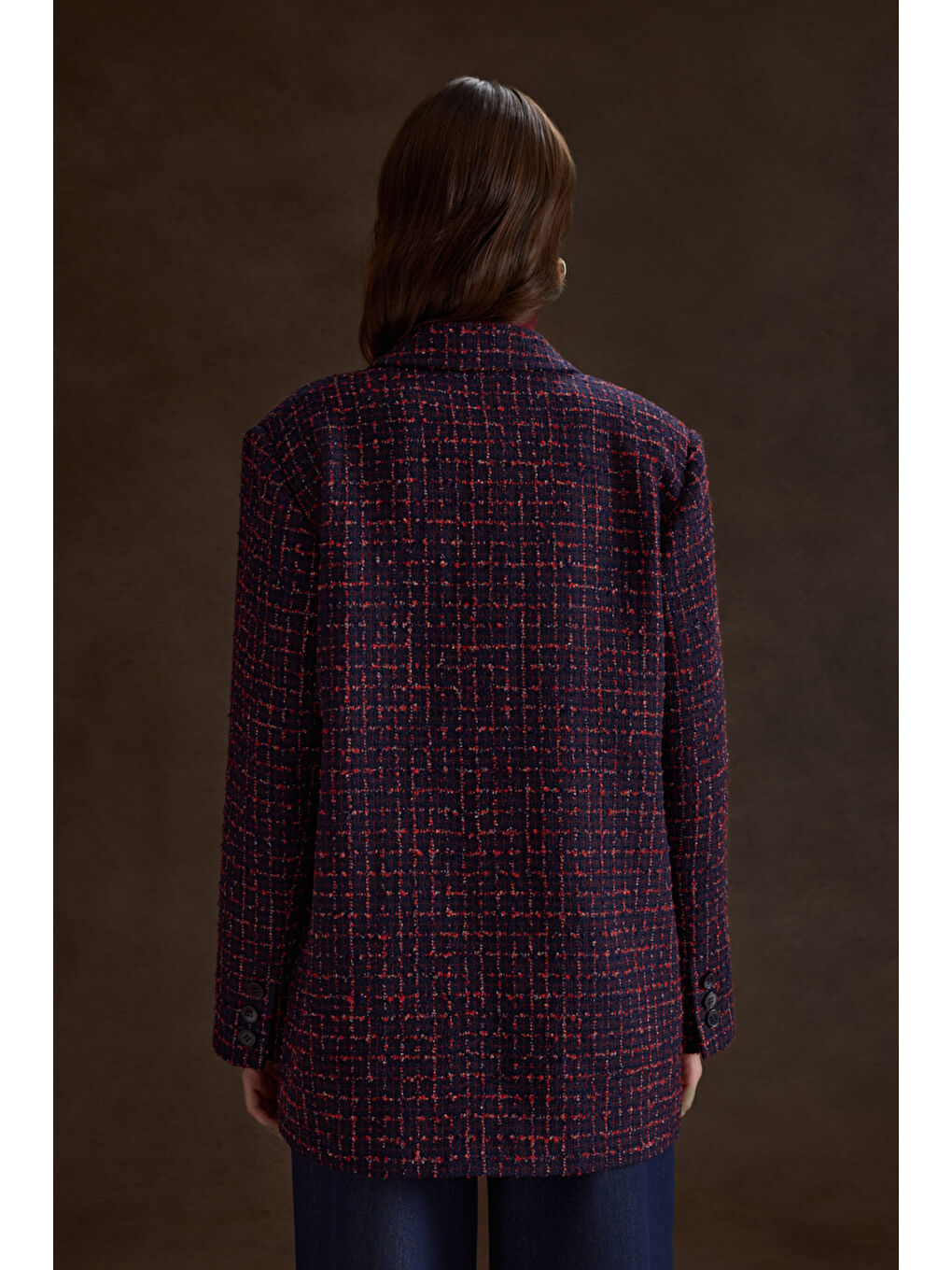 Lacivert Ekose Tweed Kumaş Kruvaze Ceket-5