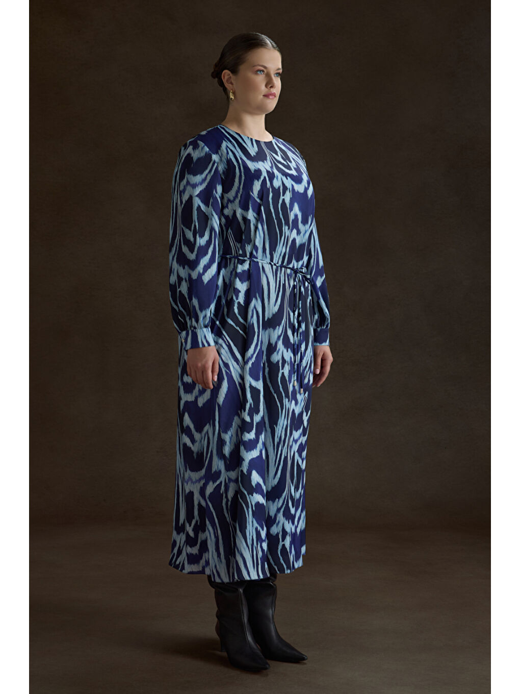 Lacivert Desenli Elbise-3