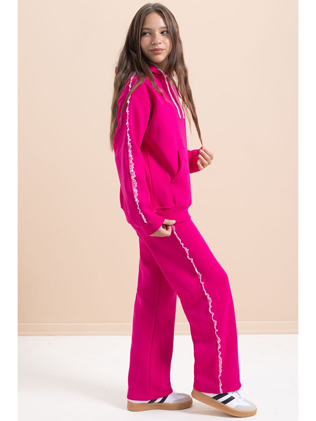 Fuşya Kız Çocuk Şardonlu Dantel Detaylı 3 İplik Takım 21507-2