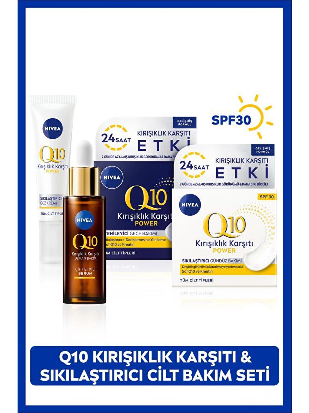 NIVEA Q10 Çift Etkili Serum 30ml, Sıkılaştırıcı Göz Bakım Kremi, Yenileyici Gece Bakım Kremi, Gündüz Kremi