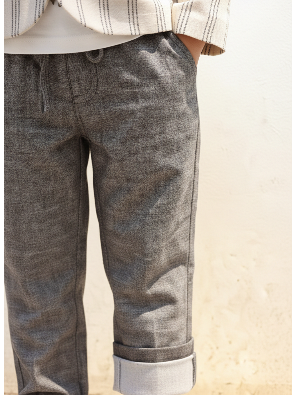 Karışık Erkek Çocuk Ekru Çizgili Blazer Ceket Gri Pantolon Ve T Shirt Takım-3