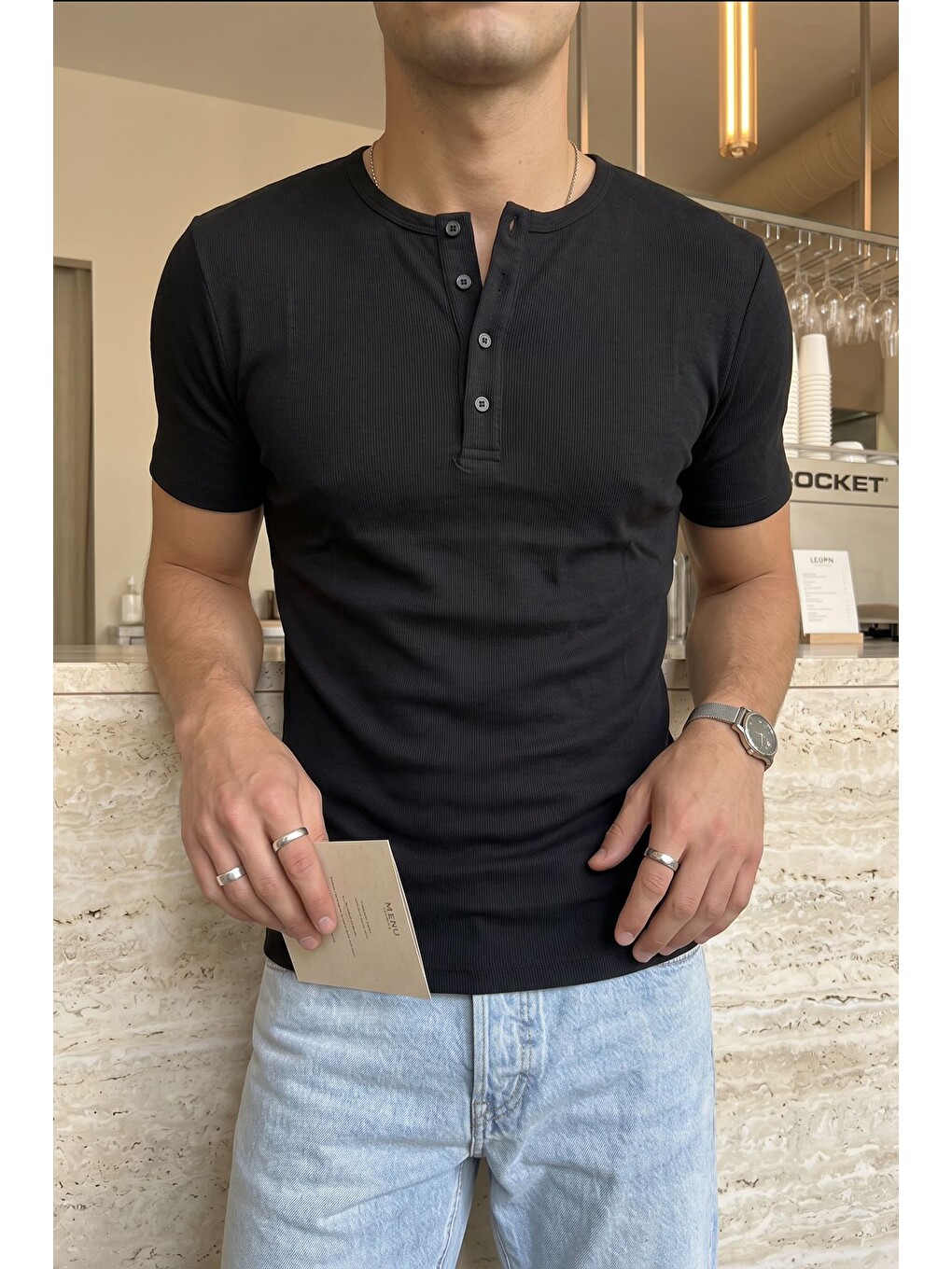 Siyah Liiri %100 Pamuk Premium Fitilli Yarım Düğmeli Erkek Tişört Regular Fit Basic Yazlık Tişört