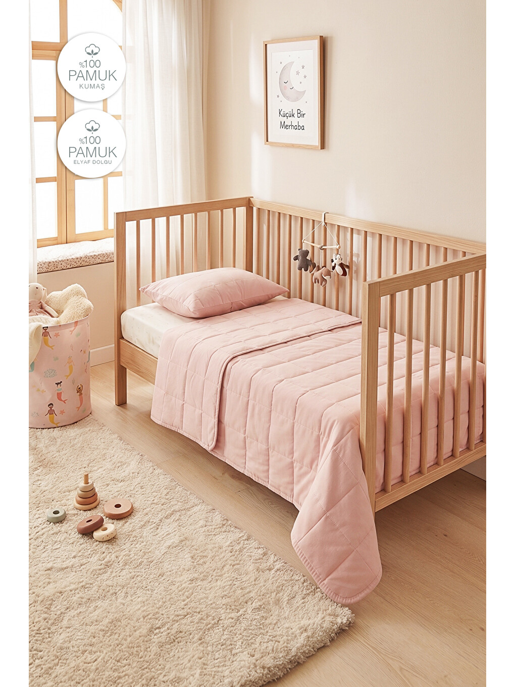 %100 Pamuk Kumaş Kapitoneli Pembe Çok Amaçlı Bebek Yatak Örtüsü Seti 1 Adet 100 X 150 / 1 Adet 37 X