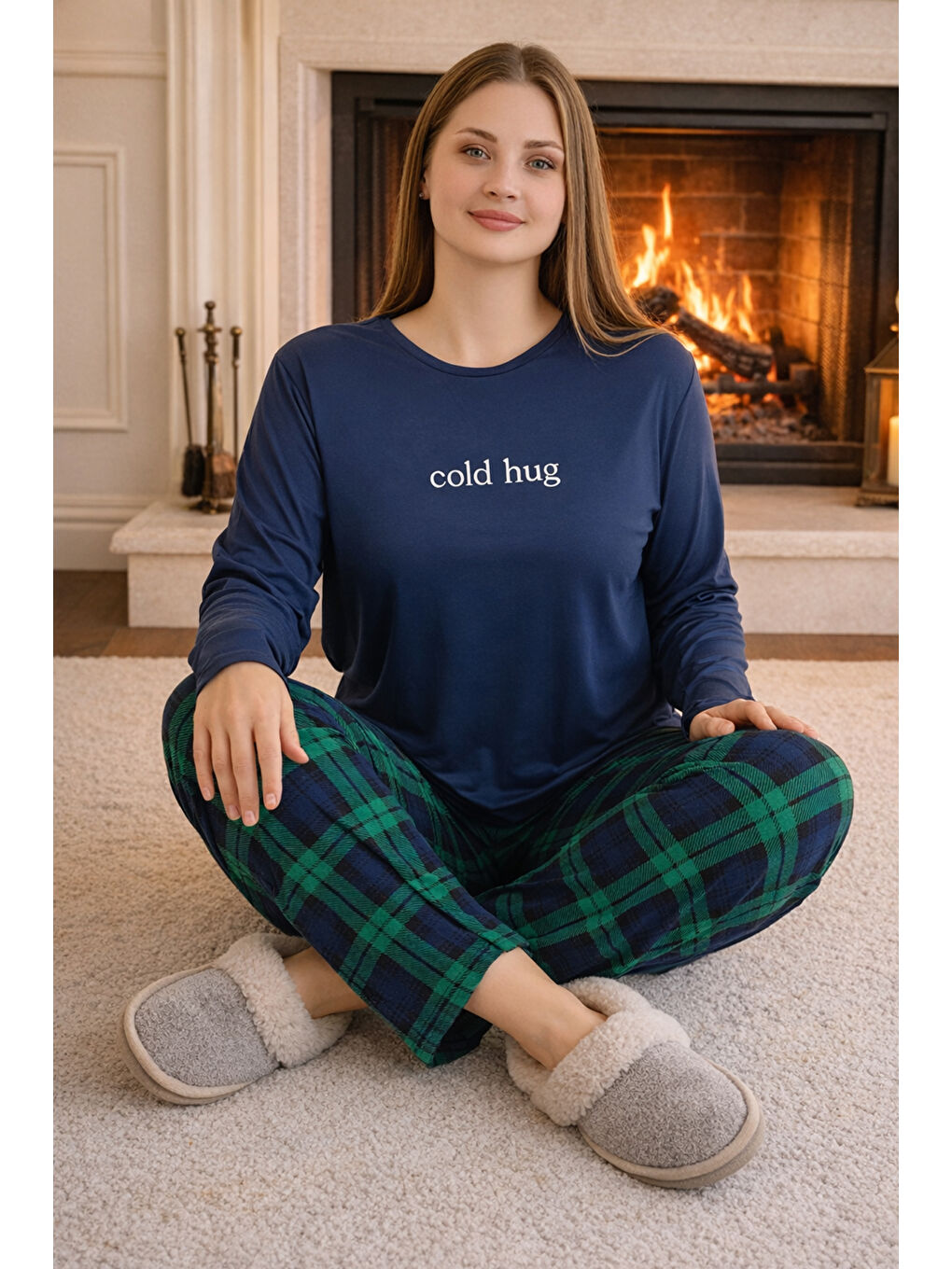 Büyük Beden Kadın Milan Kumaş Pijama Takımı 50802-2862 Lacivert-3