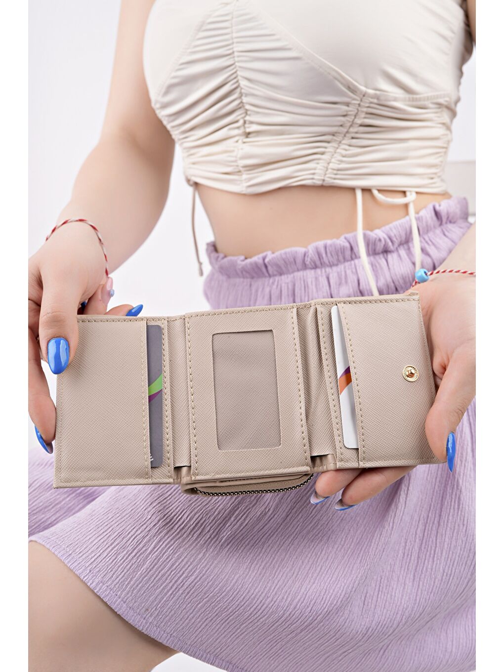 Bej LİTTLE Bozuk & Kağıt Para Bölmeli Fermuarlı Kartlık Kadın Cüzdan-2