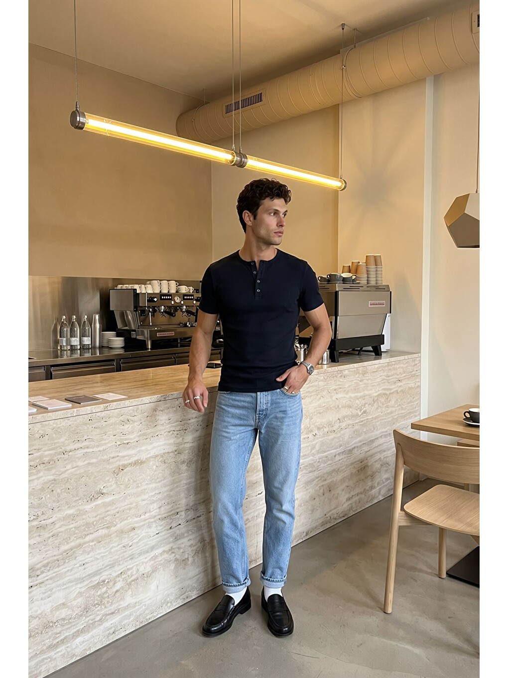 Siyah Liiri %100 Pamuk Premium Fitilli Yarım Düğmeli Erkek Tişört Regular Fit Basic Yazlık Tişört-1