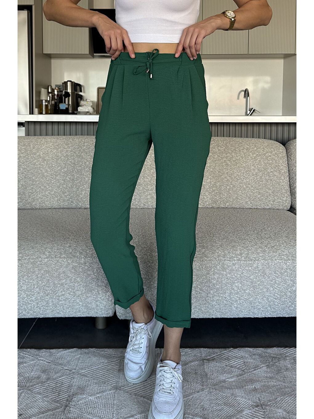 Yeşil Bel Lastikli Bağcıklı Pantolon-1