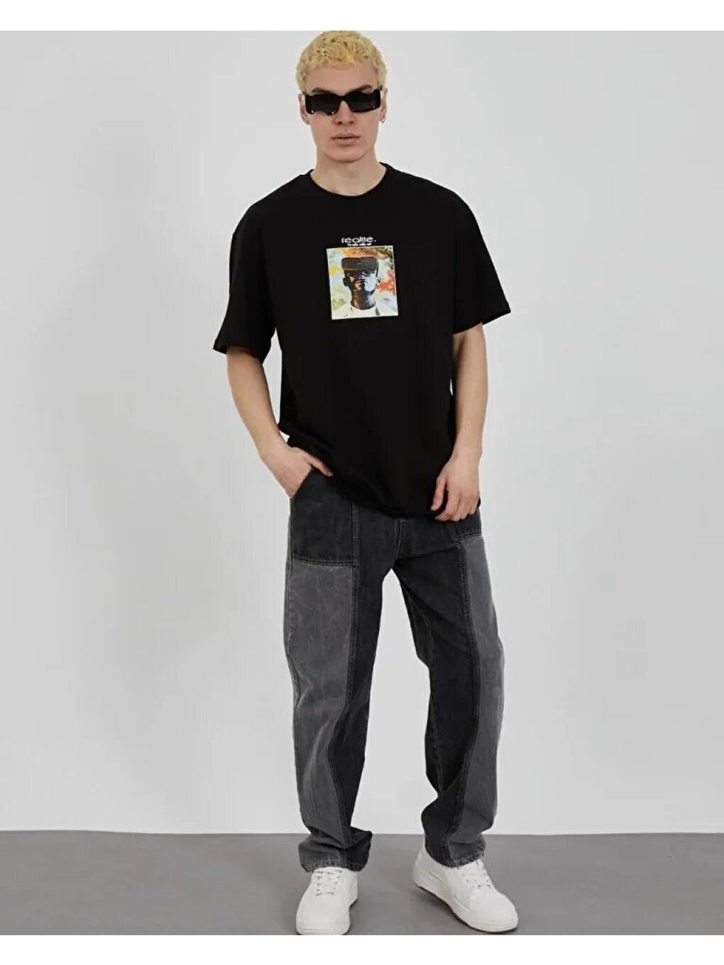 Unisex Bisiklet Yaka Baskılı Oversize T-Shirt - Siyah