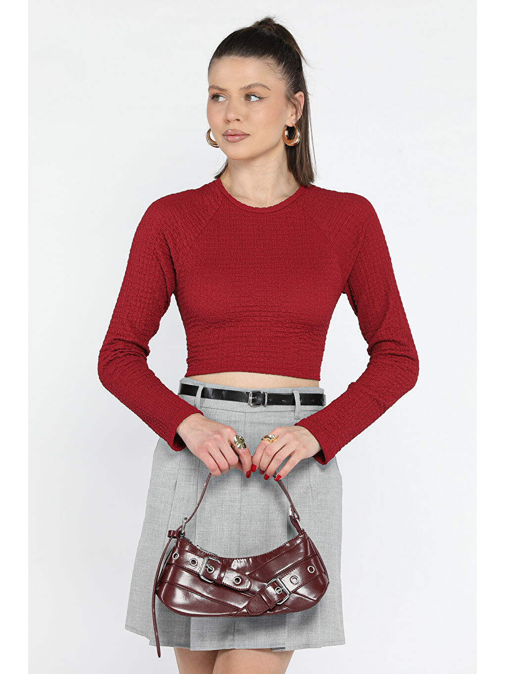 Bordo Bel Lastikli Ve Bağlamalı Kadın Kabartma Desen Crop Top Bluz