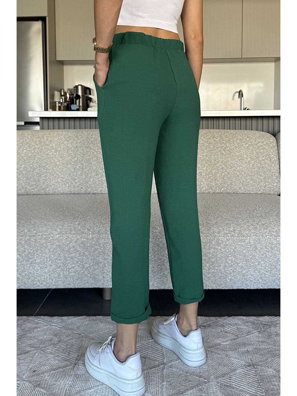 Yeşil Bel Lastikli Bağcıklı Pantolon-2