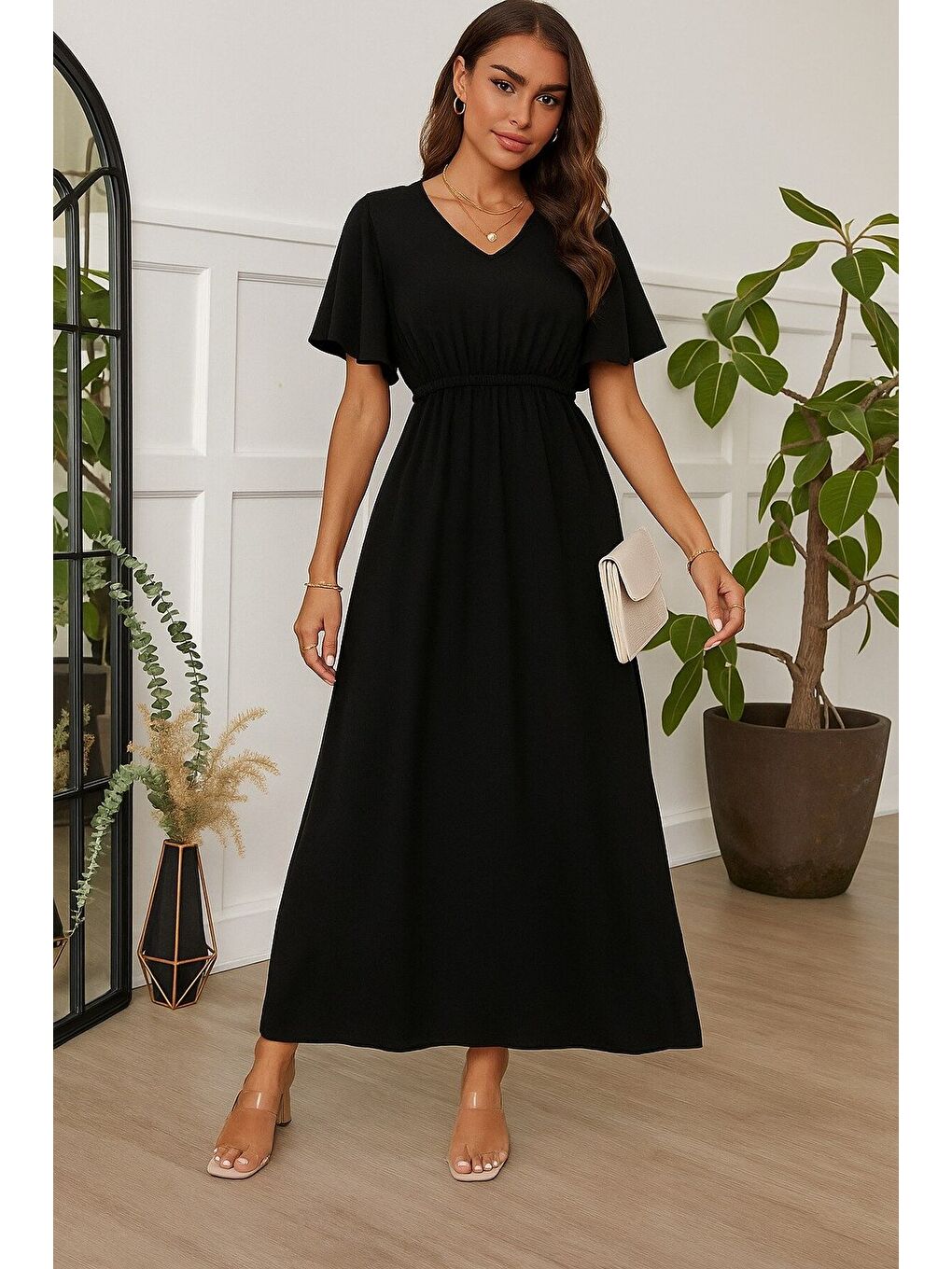 Siyah Kadın Kısa Kollu V Yakalı Beli Lastikli Uzun Viskon Elbise