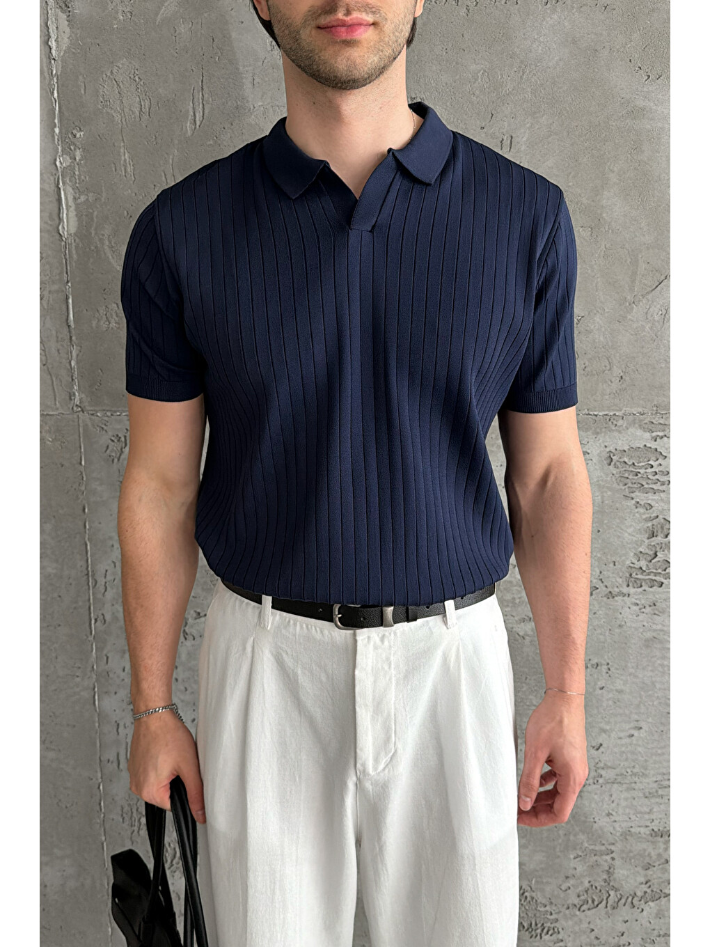 Lacivert Erkek Oversize Fitilli Polo Yaka İnce Triko Tişört-1