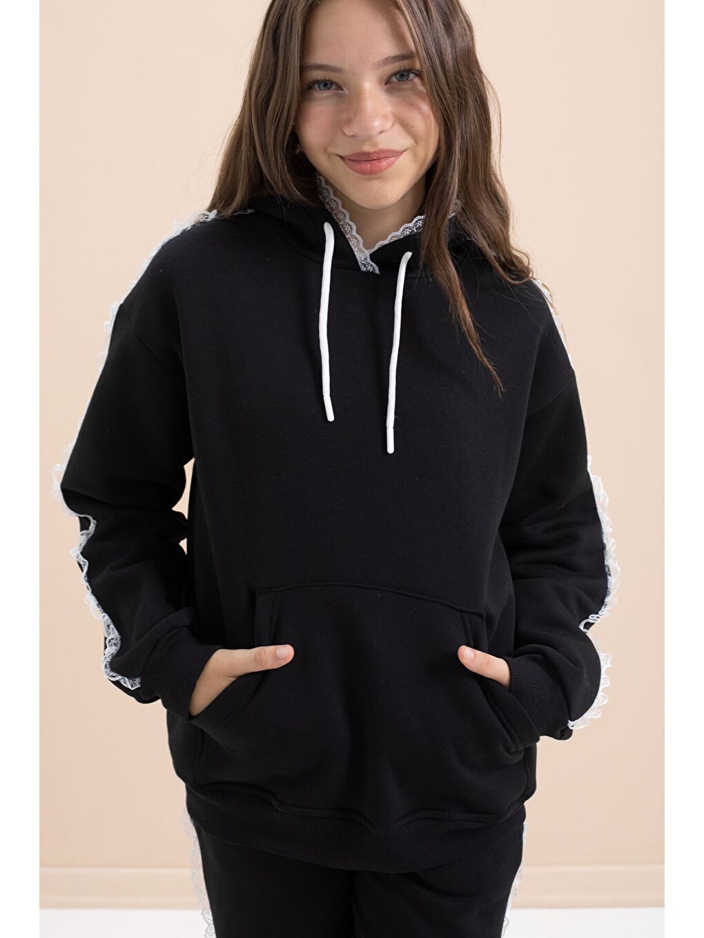 Siyah Kız Çocuk Şardonlu Dantel Detaylı 3 İplik Takım 21503-1