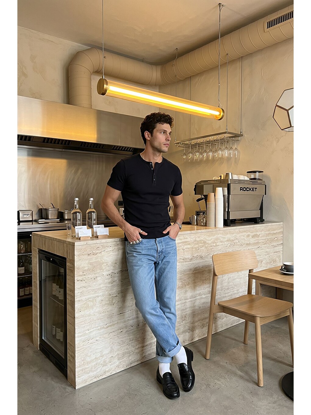 Siyah Liiri %100 Pamuk Premium Fitilli Yarım Düğmeli Erkek Tişört Regular Fit Basic Yazlık Tişört-2