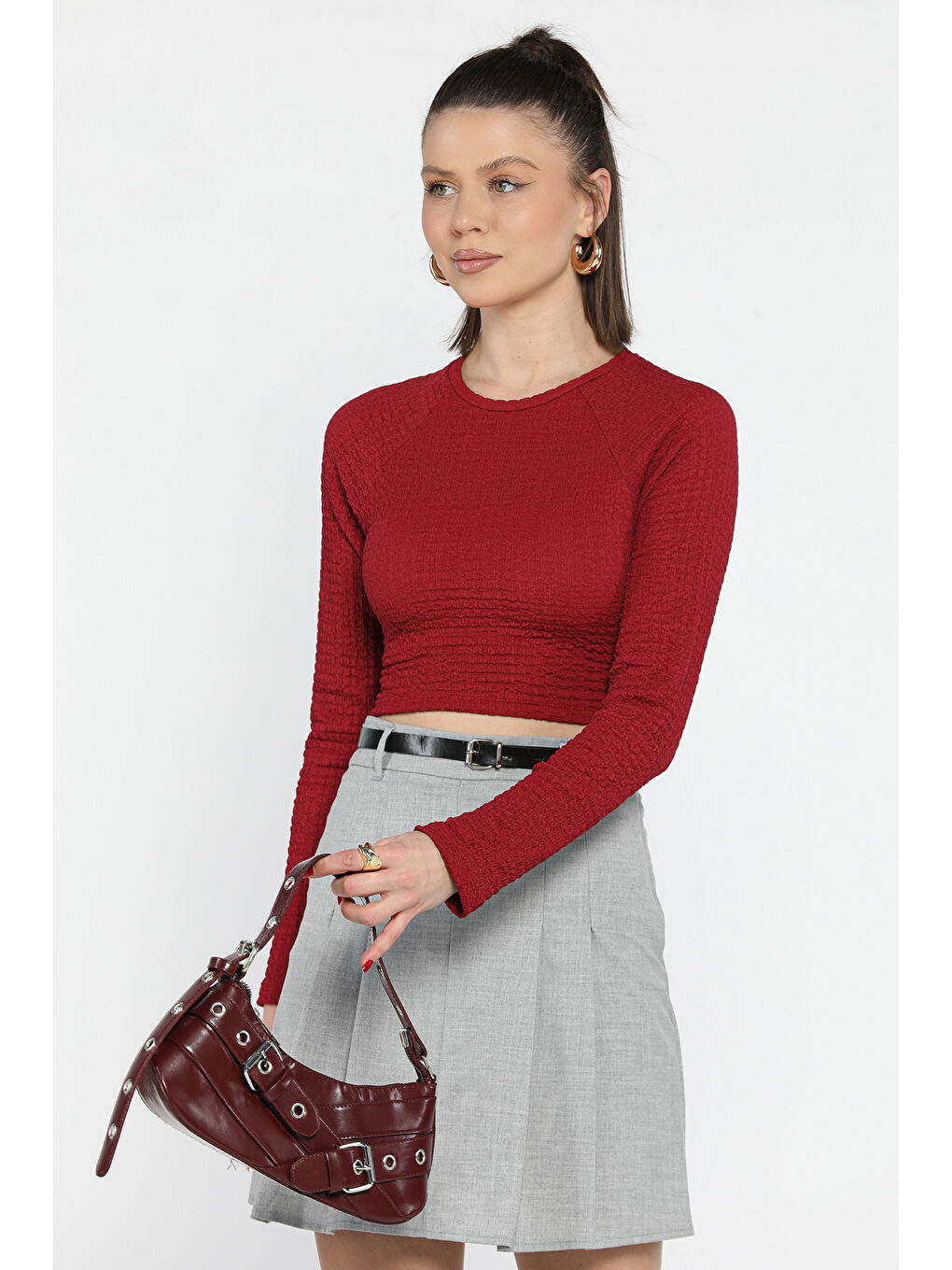 Bordo Bel Lastikli Ve Bağlamalı Kadın Kabartma Desen Crop Top Bluz-1