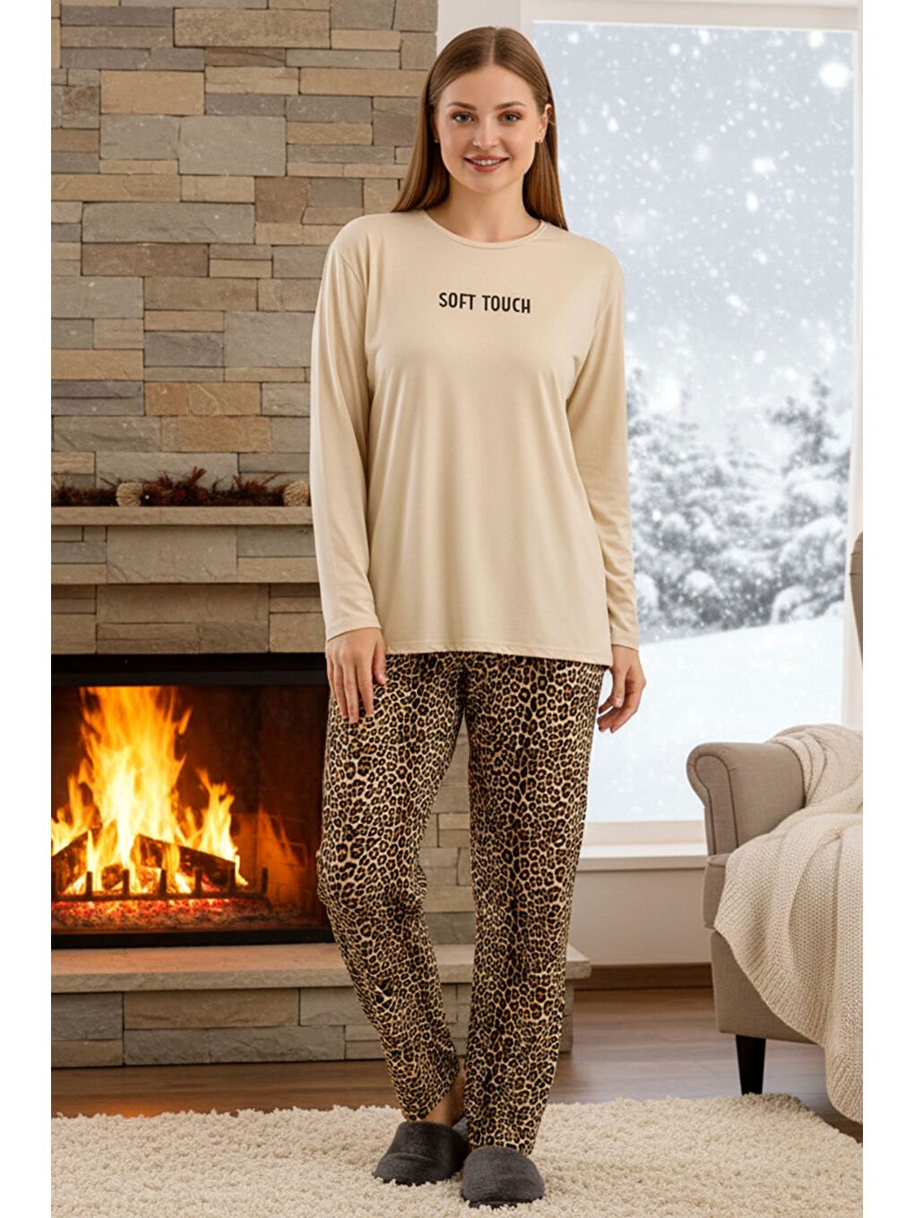 Lila Büyük Beden Kadın Milan Kumaş Pijama Takımı 50802-2401 Ekru01-3