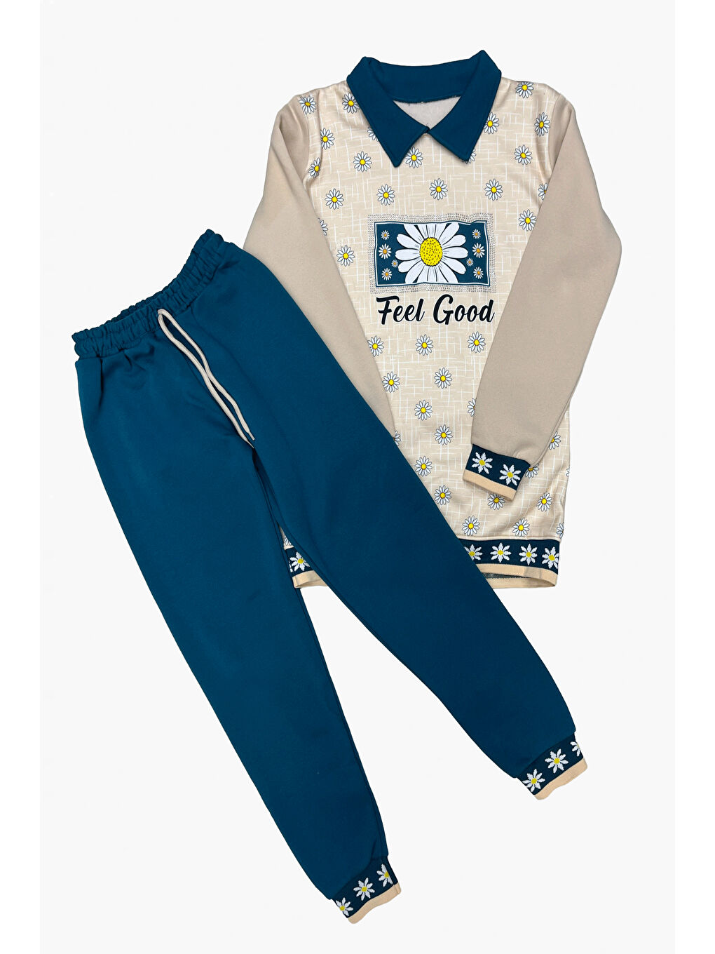 Petrol Kız Çocuk Papatya Baskılı Taş Süslemeli 3 İplik Alt Üst Takım 12324