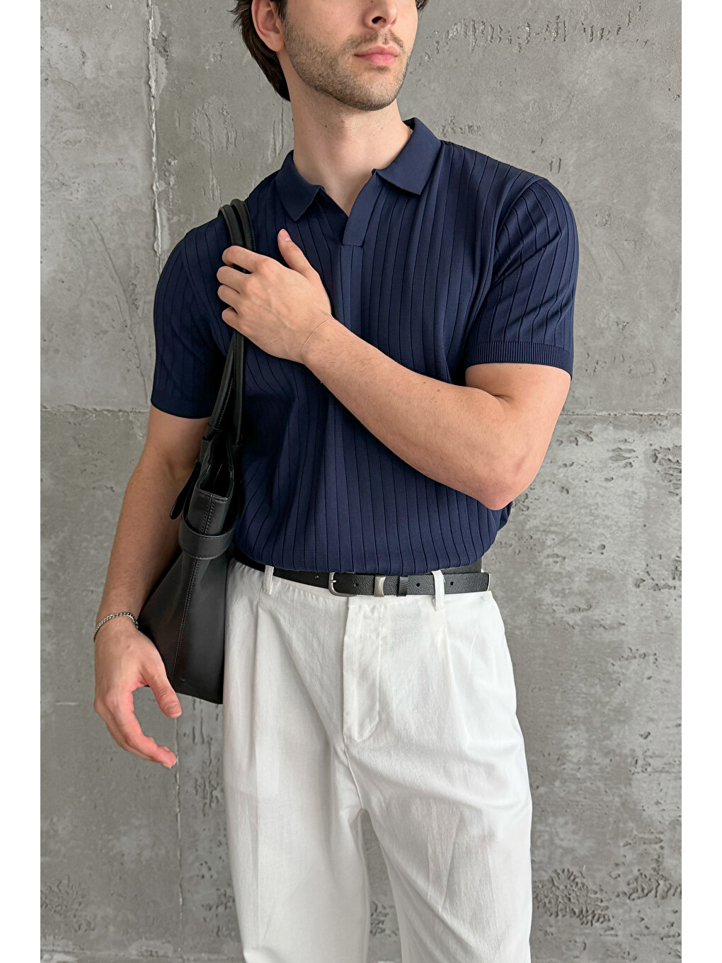 Lacivert Erkek Oversize Fitilli Polo Yaka İnce Triko Tişört-2
