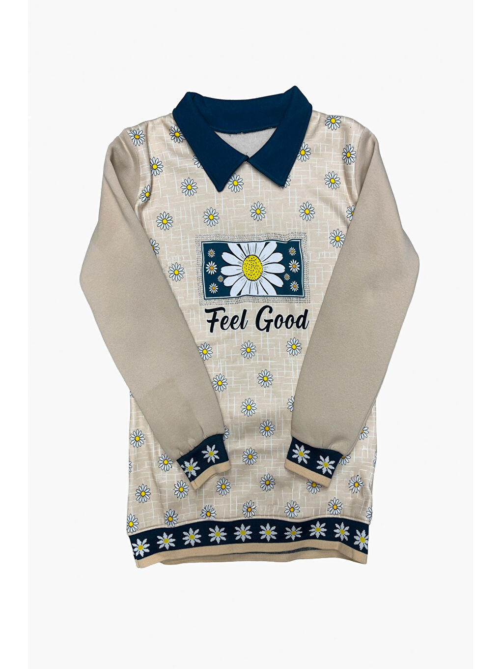 Petrol Kız Çocuk Papatya Baskılı Taş Süslemeli 3 İplik Alt Üst Takım 12324-1