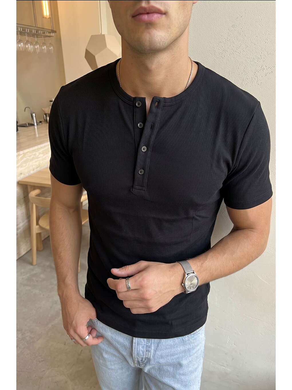Siyah Liiri %100 Pamuk Premium Fitilli Yarım Düğmeli Erkek Tişört Regular Fit Basic Yazlık Tişört-3