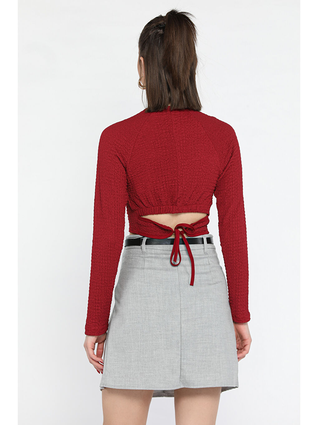 Bordo Bel Lastikli Ve Bağlamalı Kadın Kabartma Desen Crop Top Bluz-2