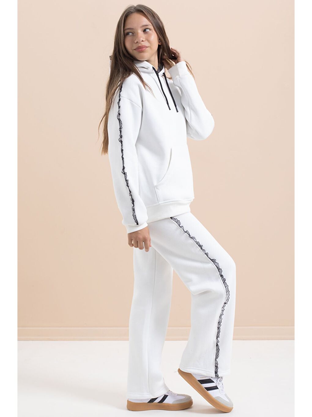 Beyaz Kız Çocuk Şardonlu Dantel Detaylı 3 İplik Takım 21504-1