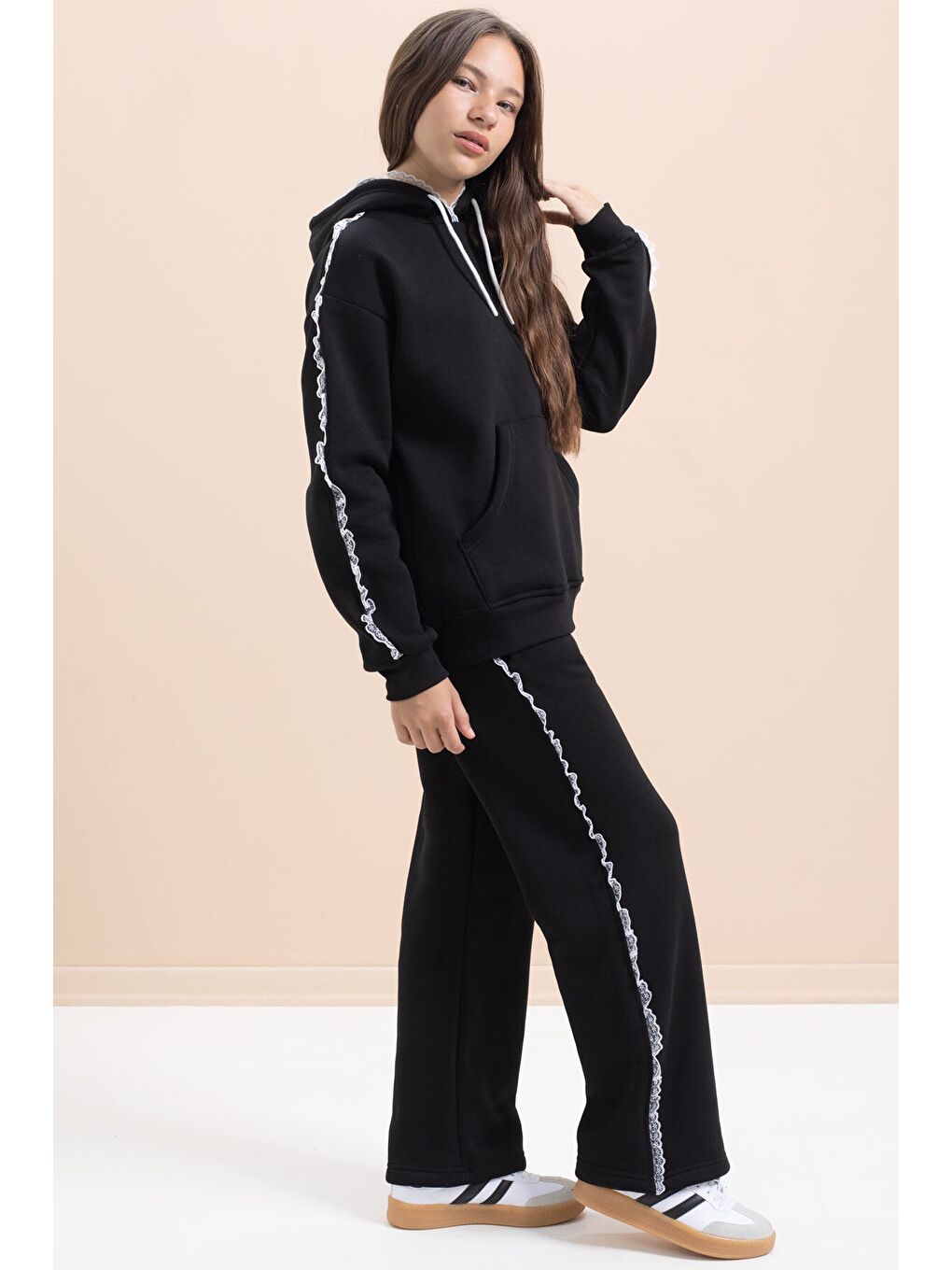 Siyah Kız Çocuk Şardonlu Dantel Detaylı 3 İplik Takım 21503-2