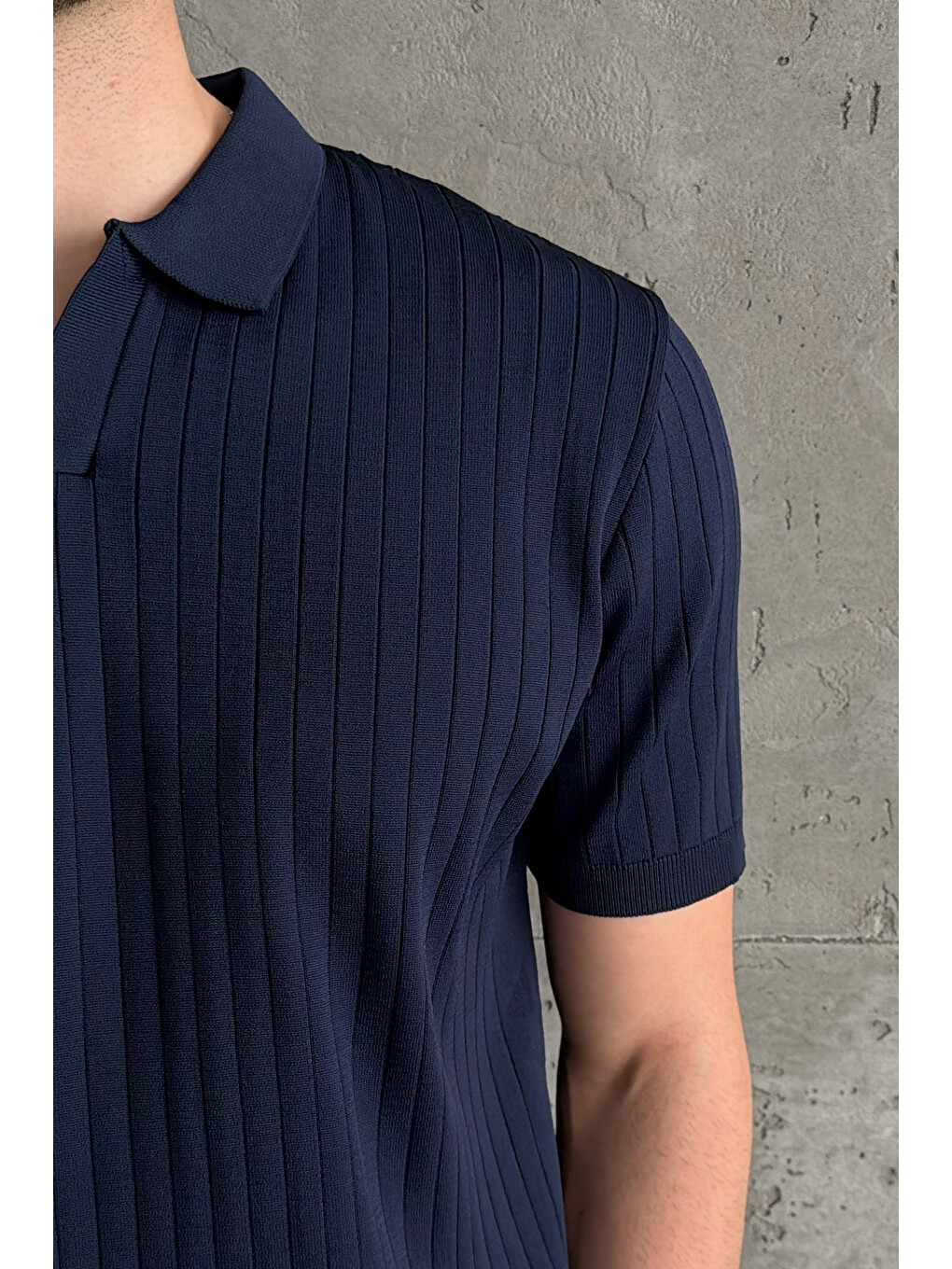Lacivert Erkek Oversize Fitilli Polo Yaka İnce Triko Tişört-3