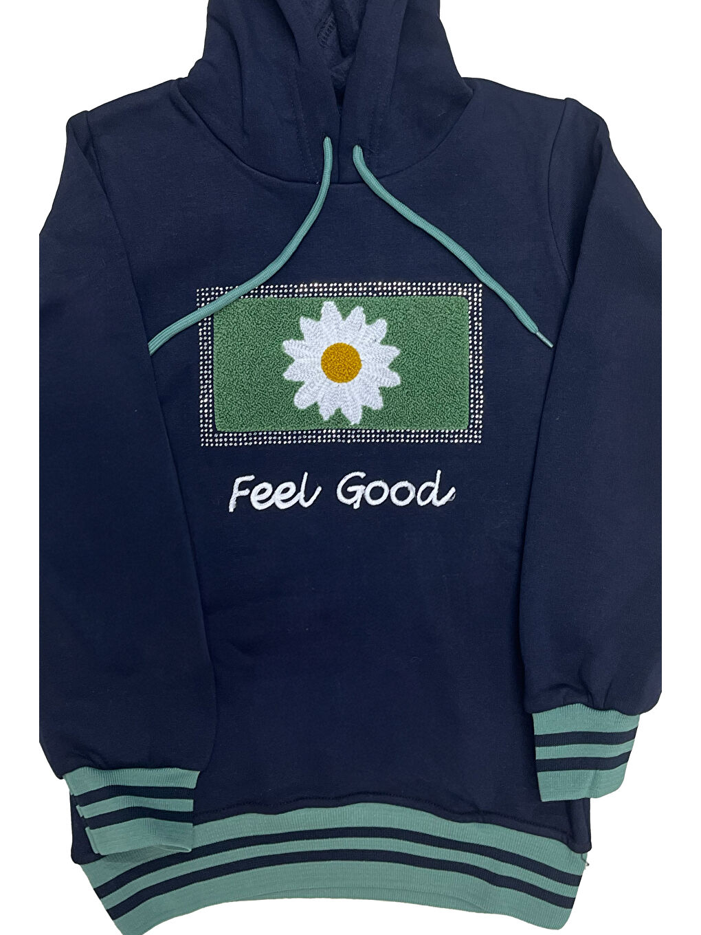 Yeşil Kız Çocuk Kapüşonlu Papatya Nakışlı Taş Süslemeli 3 İplik Alt- Üst Takım 12323-3