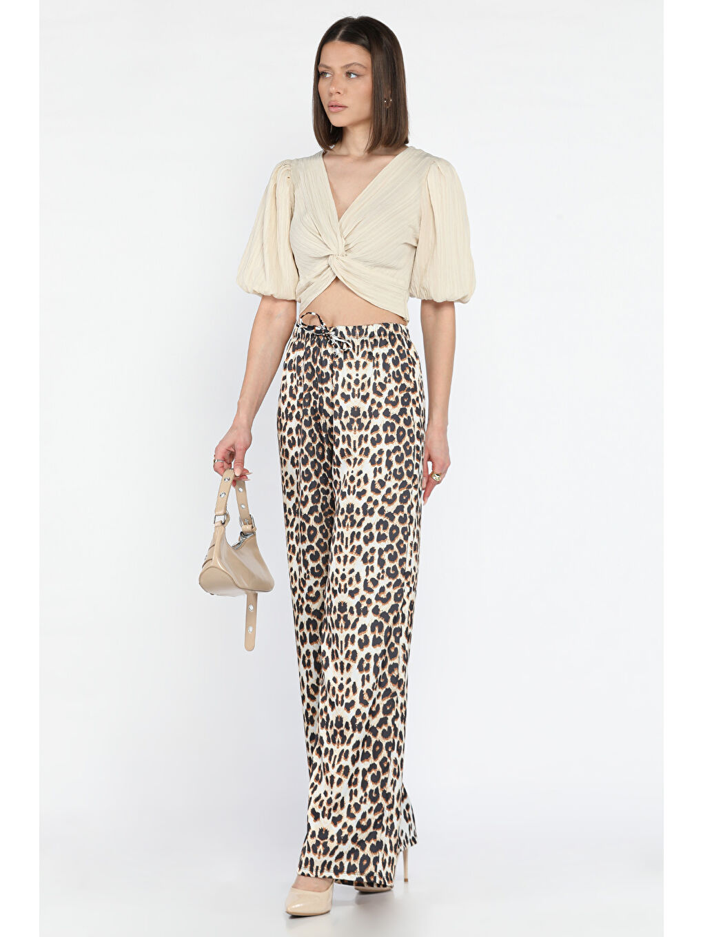 Ekru Kadın Bel Lastikli Yüksek Bel Leopar Desenli Bol Kesim Pantolon